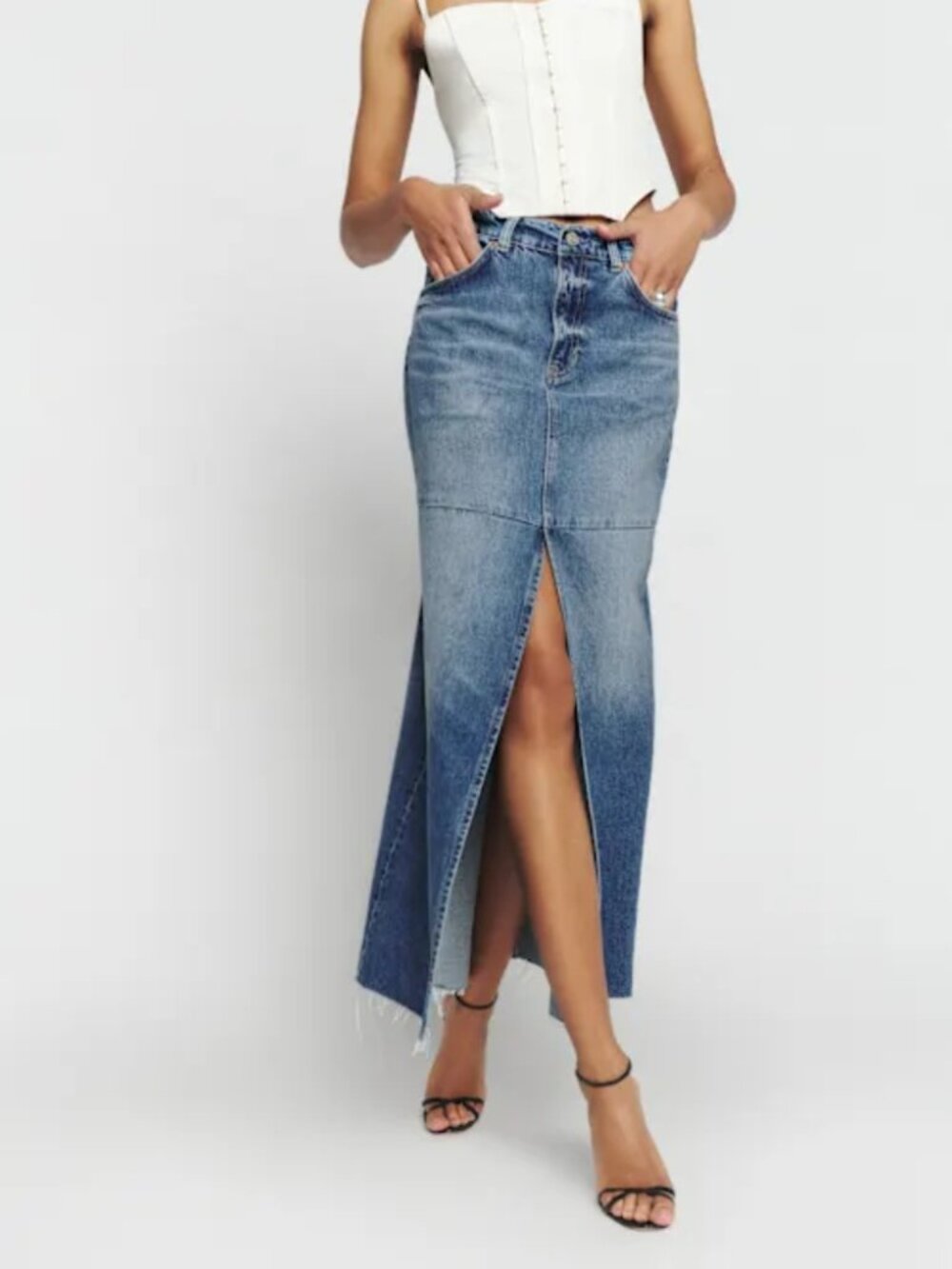 Reformation Tazz Maxi Denim Skirt Hemlock Wash Blue Denim Slit Womens Size 25